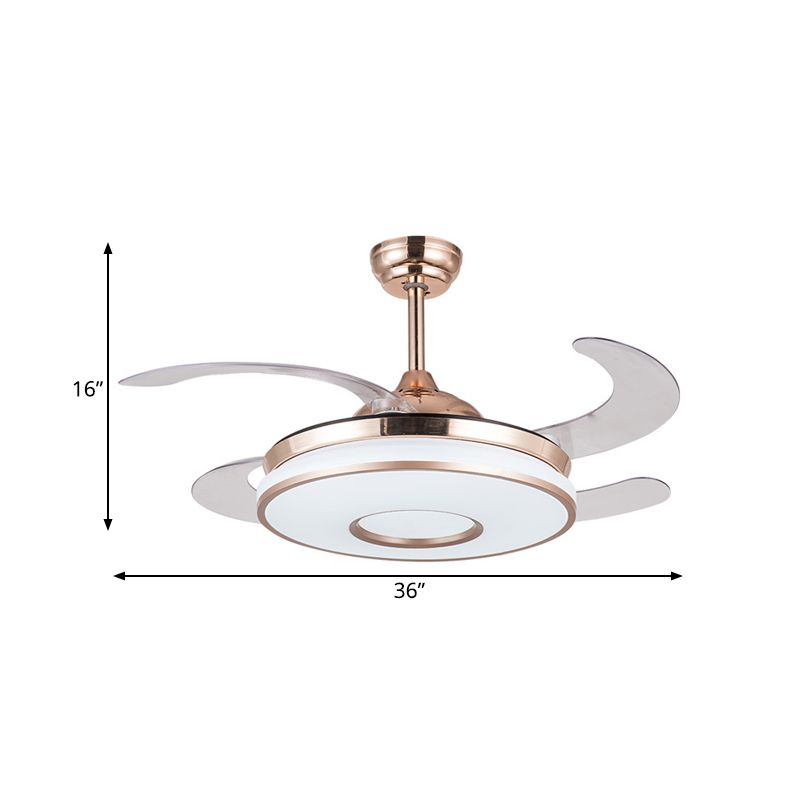 Montaje semi de metal LED de luz de ventilador redondo contemporáneo de 36 "de ancho en plata con 4 cuchillas para dormitorio, control remoto/pared/control remoto y de pared