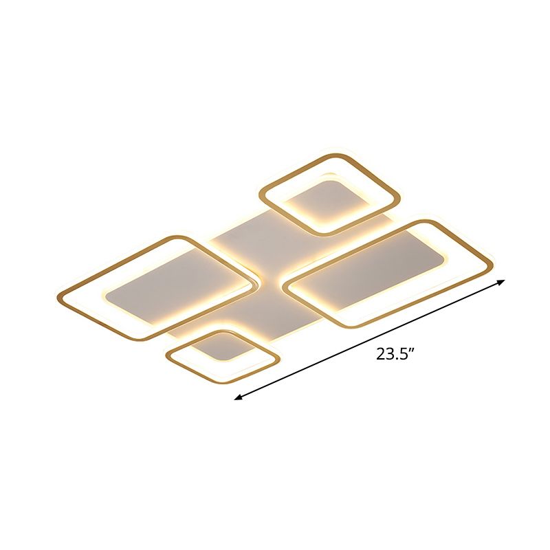 Living Room LED Ceiling Fixture Minimalism White and Gold Flush Mount Light with Rectangle Iron Frame, Warm/White Light