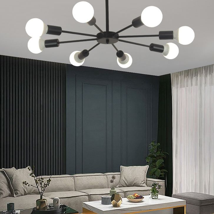 Nordic Style Creative Metal Chandelier 23.6 Inches Wide Burst Shaped Open Bulb Lighting Fixture for Bedroom Living Room