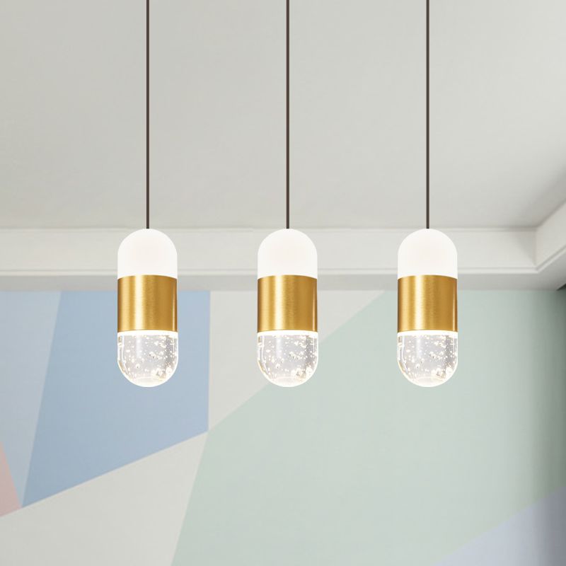 Brass 3-Head Cluster Pendant Minimalist Seedy Crystal Capsule Hanging Ceiling Light for Dining Room