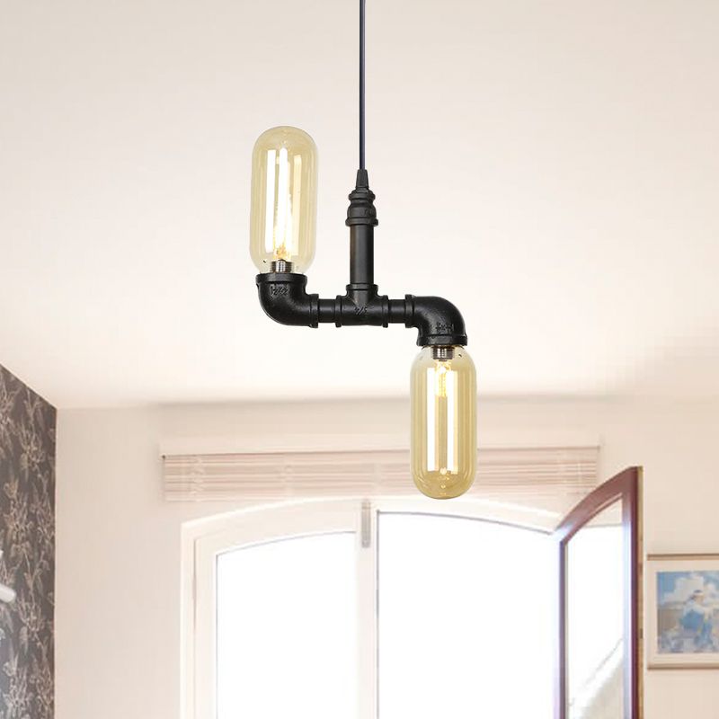 Amber Glass Black Suspension Light Pill Capsule 2-Light Industrial LED Chandelier Pendant Lamp