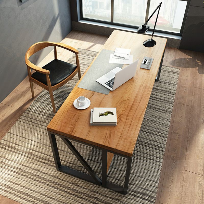 Industrial Pine Wood Dining Table Rectangle Table with Metal Trestle Base