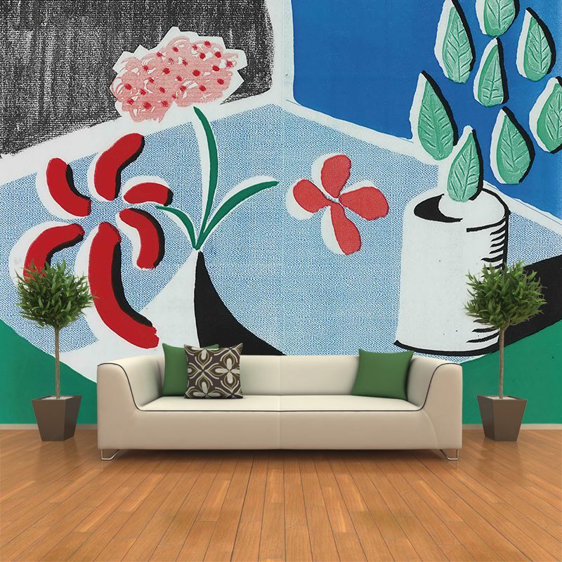 Artistic Plant Potted Flowers Mural Red-Blue-Green Stain Resistant Wall Covering for Home