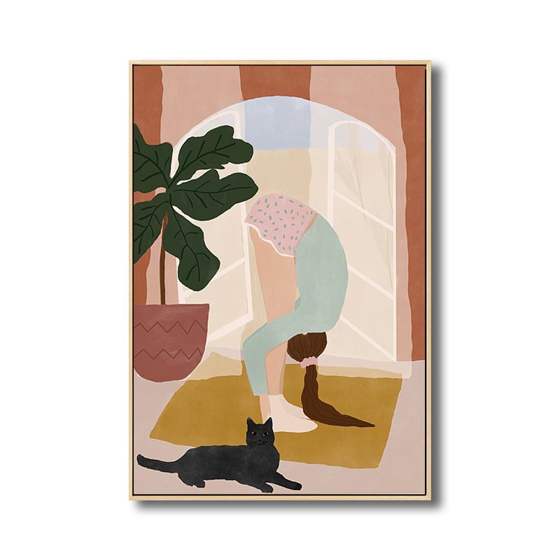 Pink Exercise Girl Canvas Minimalism Style Textured Wall Art Print for Living Room