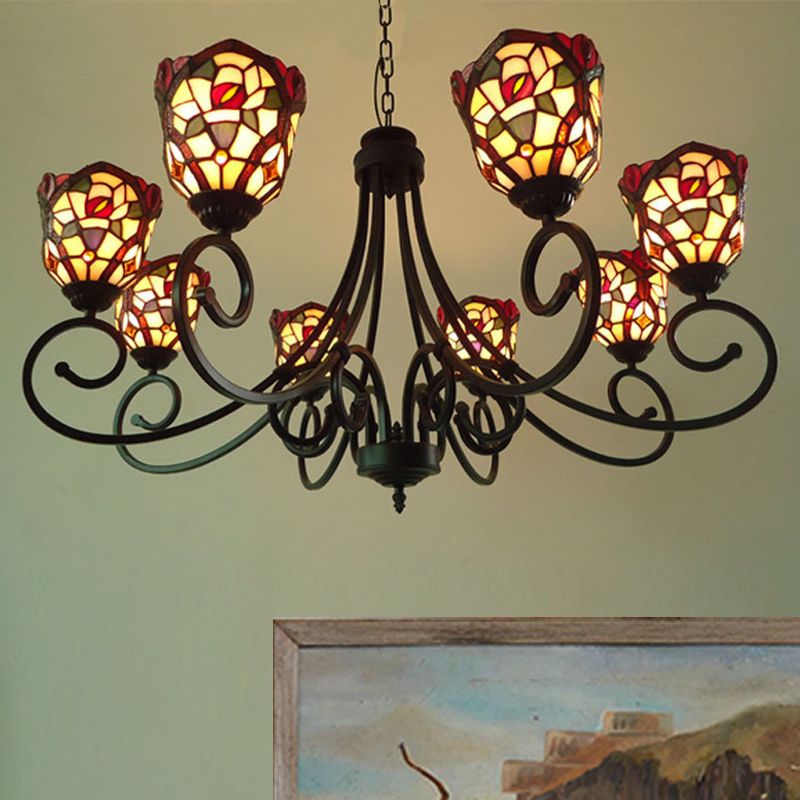 Cut Glass Arched Chandelier Lighting Fixture Victorian 8 Lights Red/Yellow/Dark Red Pendant Lamp for Living Room