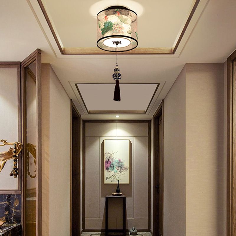 Quadratisch/Rund Flush Mount Licht Stoff Schatten Chinesische Stil Bündig Deckenleuchte