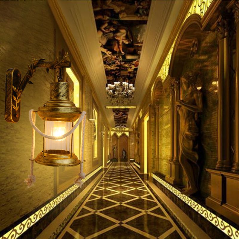 Lantern Corridor Wall Mount Lighting Farmhouse Metal 1 Bulb Brass Sconce Lamp with Branch Arm