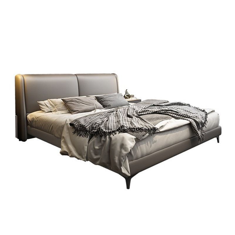 Modern Panel Bed with Upholstered Headboard Grey Solid Wood Bed Frame