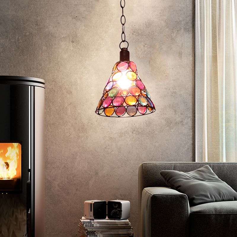 7"/12.5" Tall 1 Light Stained Glass Hanging Lamp Antique Rust Conical Restaurant Down Lighting