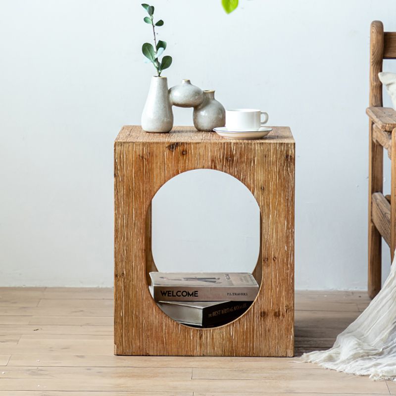 Rustic Wooden Storage End Table Square Drum Side Table in Natural