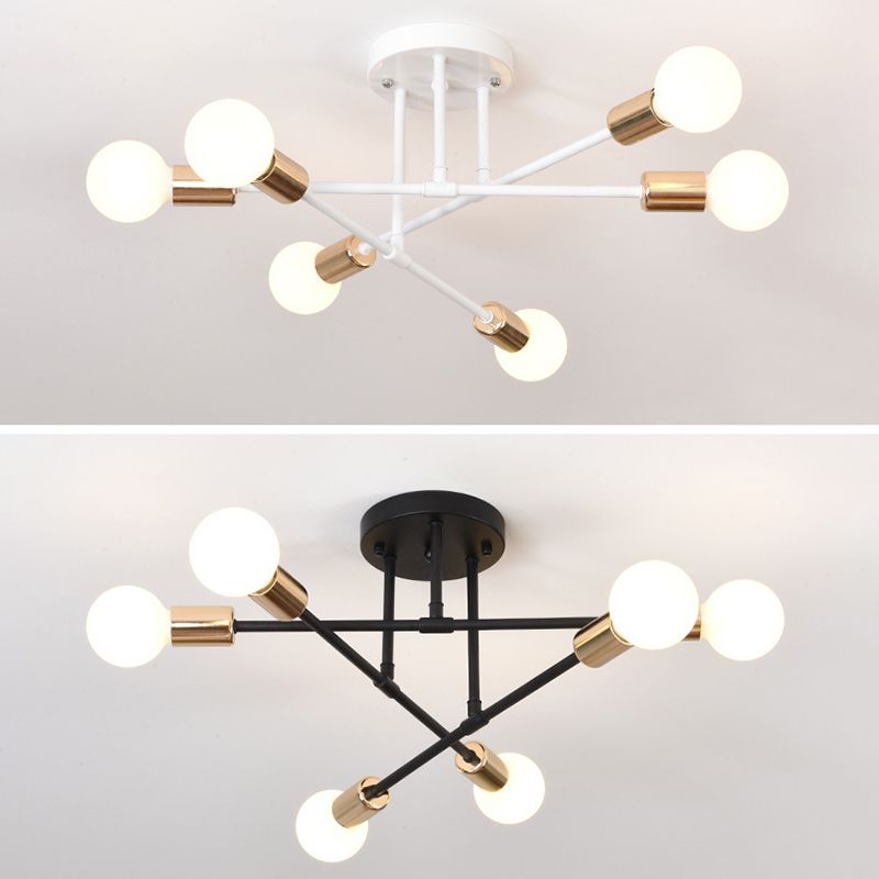 6-Lights Industrial Style Ceiling Lamp Metal Linear Arm Bare Bulb Flush Mount Lighting Fixture for Bedroom Living Room