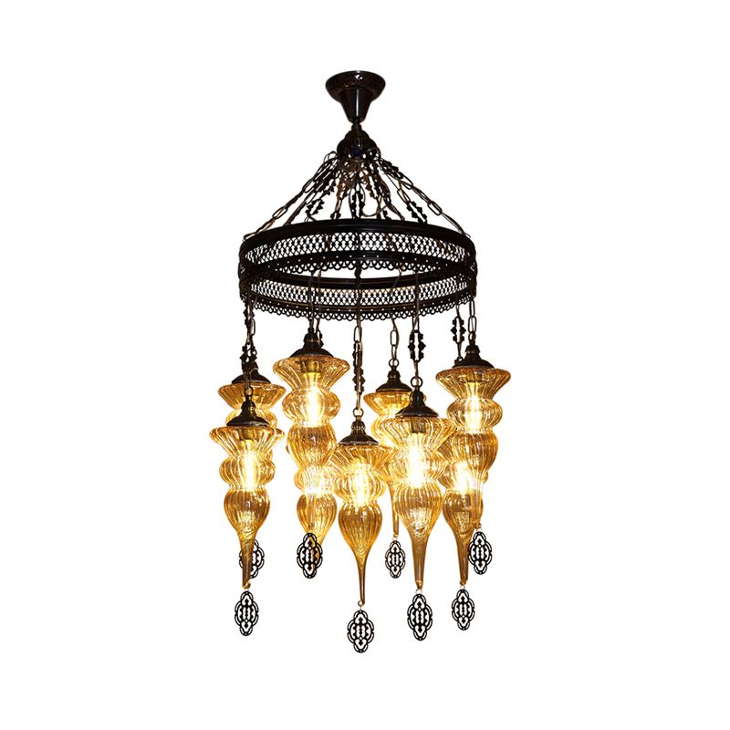 9 Bulbs Pendant Chandelier Traditional Coffee Shop Suspension Lighting Fixture with Jar Tan Ribbing Glass Shade