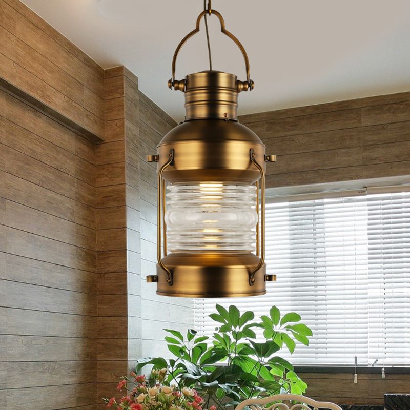 Lantern Cafe Hanging Light Kit Industrial Iron 1 Bulb Gold Suspension Pendant with Clear Glass Shade