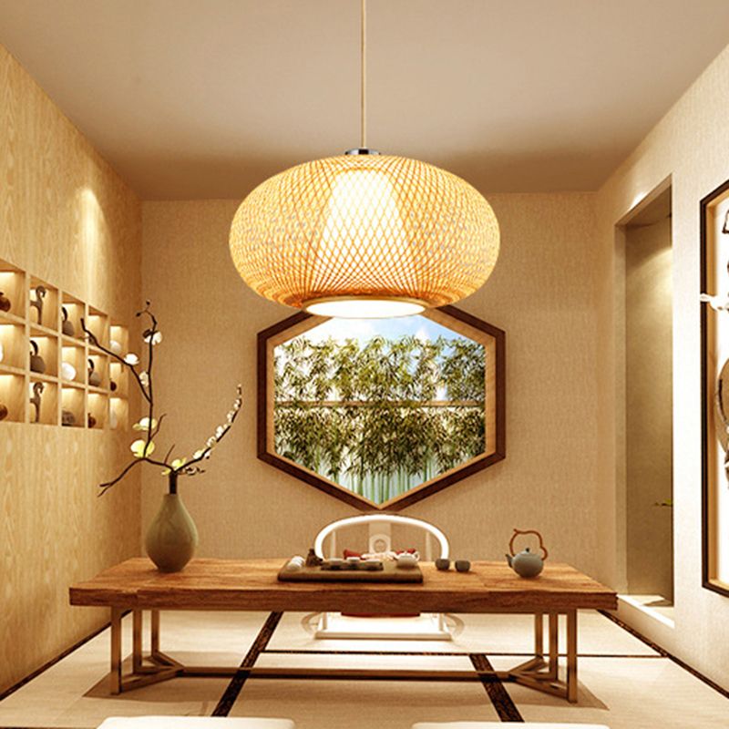 Rounded Drum Bamboo Suspension Lighting Minimalist 1 Head Wood Pendant Ceiling Light