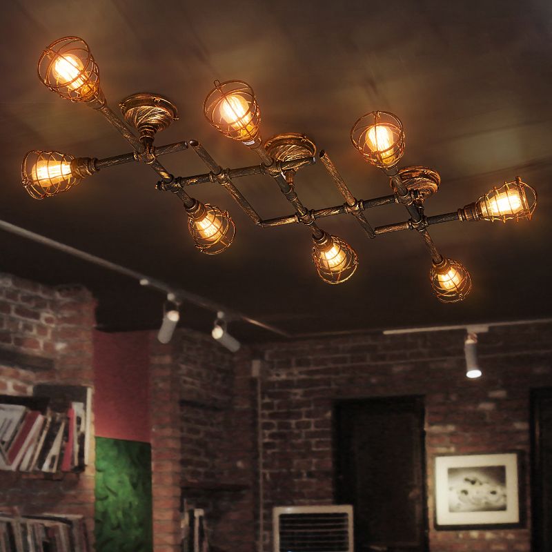 Industrial Intersecting Piping Ceiling Light 4/5/8 Heads Iron Semi Flush Mounted Light with Cage Guard in Brass