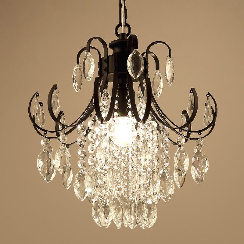 Bent Arm Suspension Lighting Simplicity Crystal Strand 1 Head Black/Gold Finish Hanging Ceiling Light