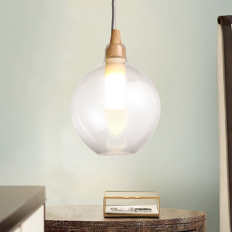 Clear Glass Dual Shade Globe Drop Pendant Simplicity 1-Light Hanging Ceiling Light with Wood Seal