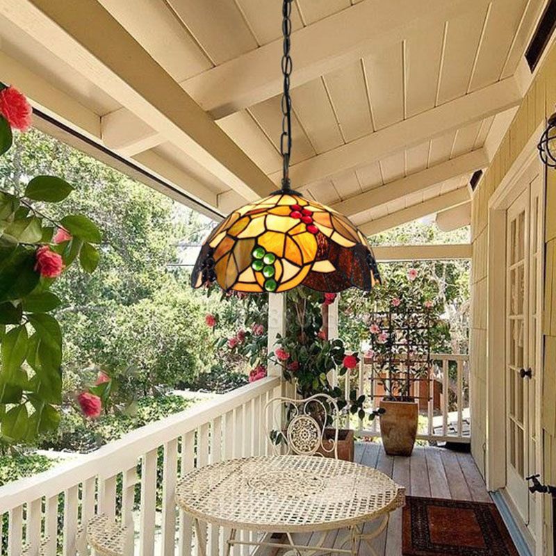 Tiffany 1-Light Pendant Lighting Grapes and Leaf Stained Glass Hanging Ceiling Light