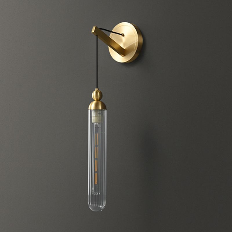 Black / Gold 1 - Light Wall Light Glass Tube Shade Solid Brass Wall Sconce