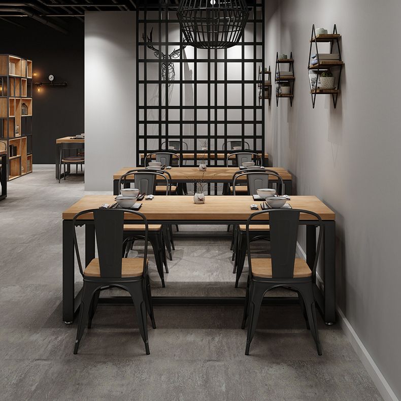 Natural Industrial Rectangle Dining Table Solid Wood Top Black Trestle Base Table