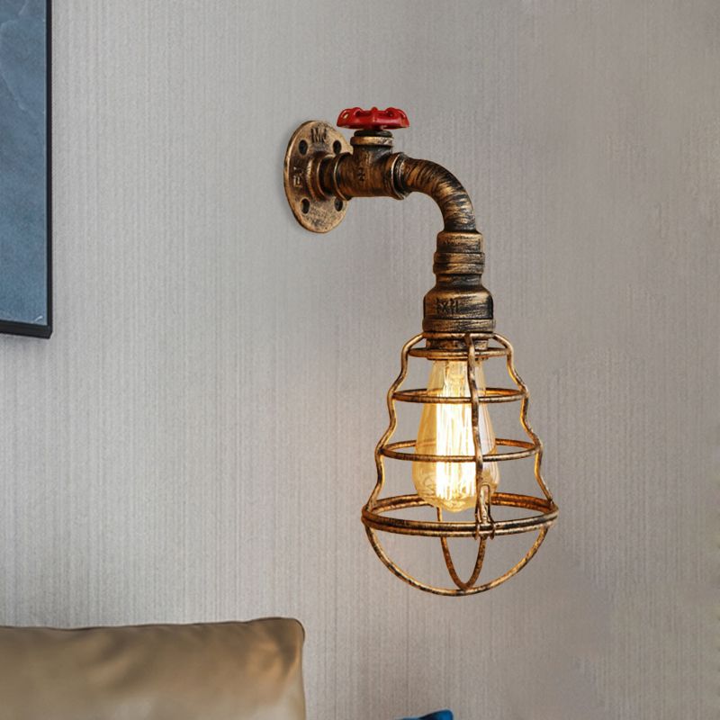 1 cage de tête en forme de bulbe de lampe murale de lampe à la ferme en bronze vieilli en bronze en bronze applique murale avec roue de soupape