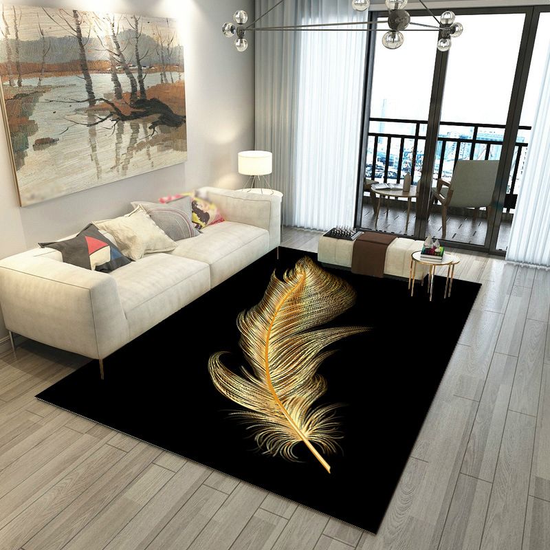 Black Modern Rug Polyester Polyester Feather Rug Stain Resistant Rug for Living Room