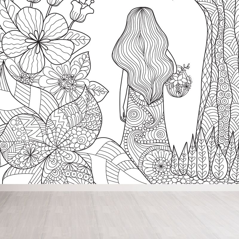 Art Deco Blossoming Wall Mural Black and White Stain-Proof Wall Covering for Girls Room