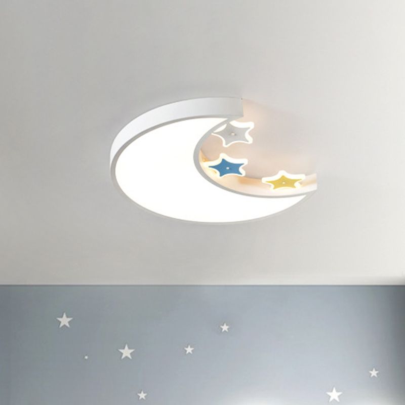Kids LED Flush Mount Light Fixture White/Yellow Crescent and Star Ceiling Lamp with Acrylic Shade