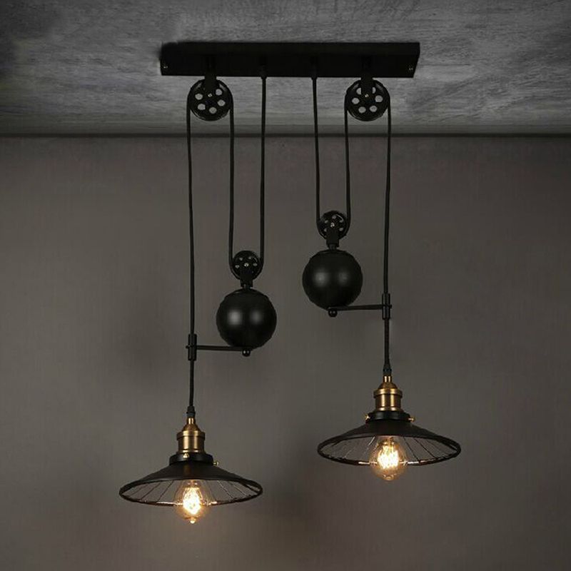 Wrought Iron Black Island Pendant Light in Industrial Simplicity Pulley Pendant Light for Dining Room
