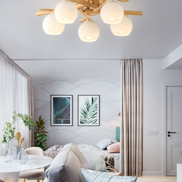 Log Color Indoor Ceiling Fixture in Modern Concise Style Wooden Globe Ceiling Light with Glass Shade