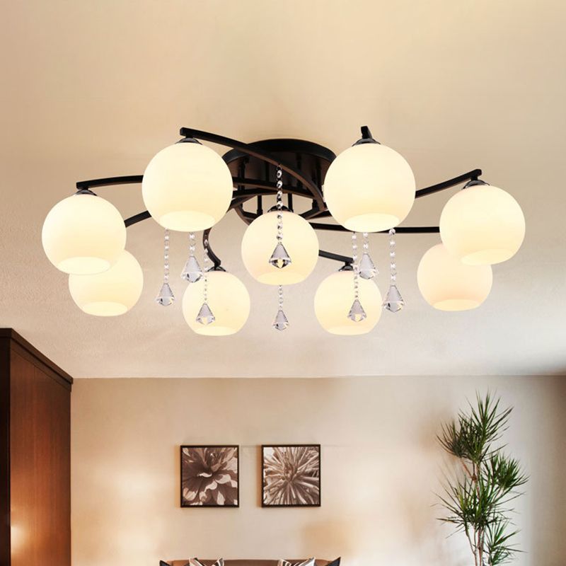 Leche de vidrio de vidrio semi-ras de luz moderna 3/7/9 cabezas de techo de la sala de techo de la habitación Chandelier en negro