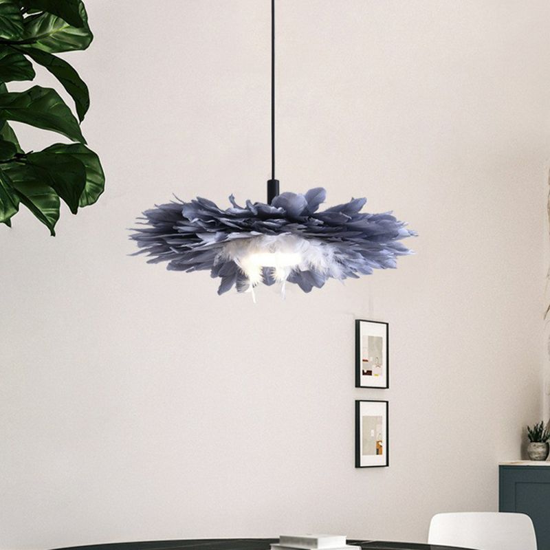 Floral Feather Hanging Light Fixture Artistic 1 Head Black and Blue Pendant Lamp for Bedroom