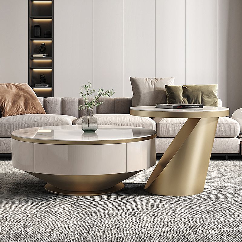 Modern Light Luxury Coffee Table Round Slate Coffee Table with Storage Drawer