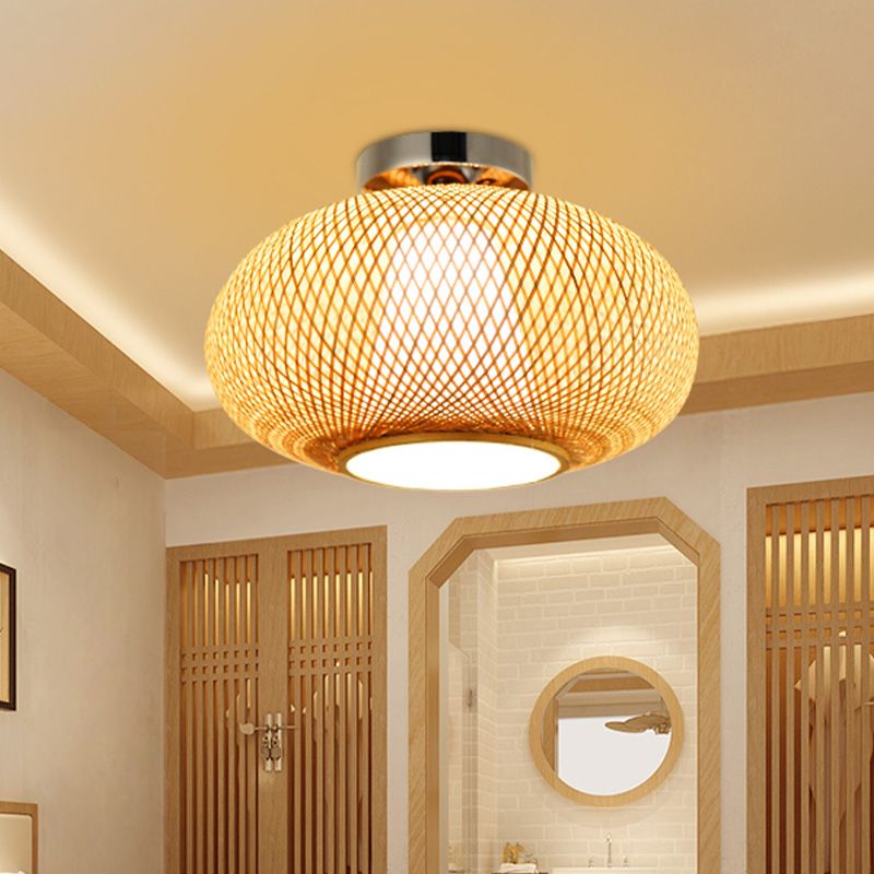 Flaxen Lantern Semi Flush Mount Chinese 1 Head Bamboo Ceiling Mounted Light for Dining Room