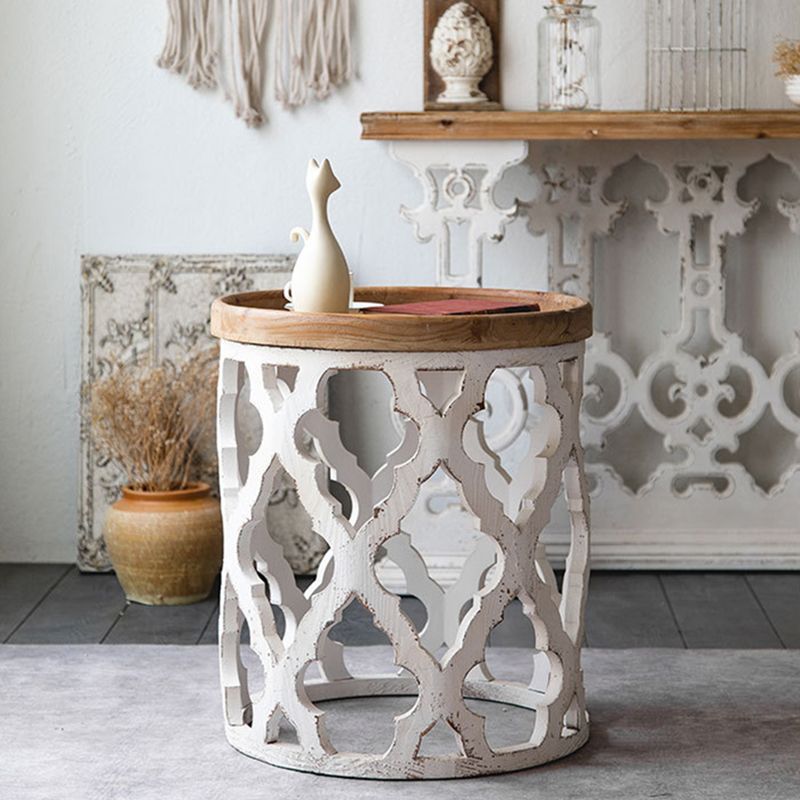 Rustic Drum Side Table Solid Wood Sofa Side Accent Table in Distressed White