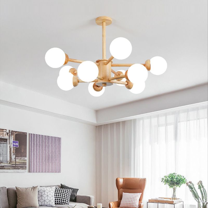 Modern Wood Chandelier Light Fixtures Multi-Head Hanging Pendant Lights with Globe Glass Shade