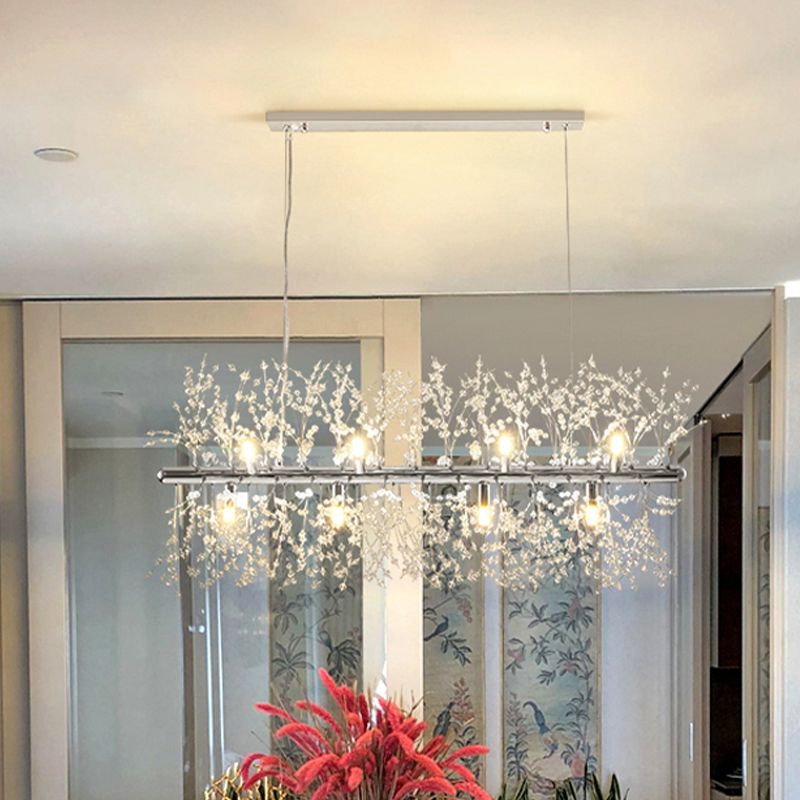 Crystal Beaded Sprig Island Lighting Modern 12 Bulbs Kitchen Hanging Pendant Light in Chrome