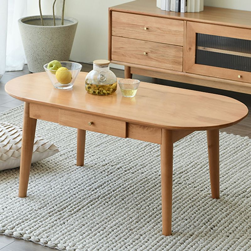 Nordic Solid Wood Cocktail Table with 1 Drawer Oval Coffee Table