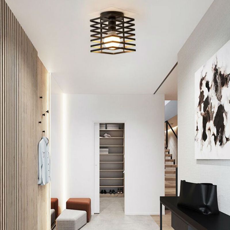 Plafonnier en fer à 1 ampoule, plafonnier industriel noir à cage rectangulaire pour couloir