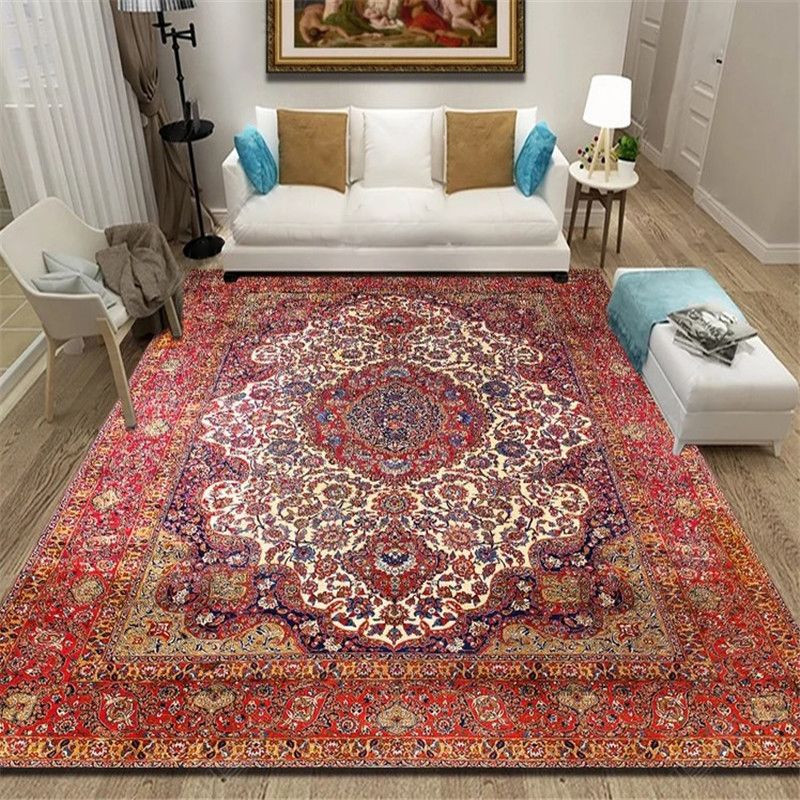 Persian Living Room Rug Multi Colored Geometric Carpet Polyester Pet Friendly Stain Resistant Anti-Slip Backing Rug with Braided Trim