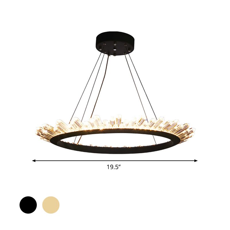 Black/Gold Ring Pendant Chandelier Modern Crystal Accent LED Pendant Light Fixture in White/Warm Light for Living Room, 19.5"/23.5" Wide