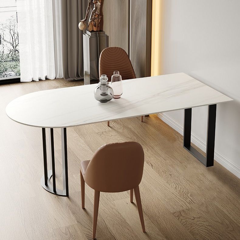 Modern Stone Top Oval Dinette Table Metal Base Dining Table in White