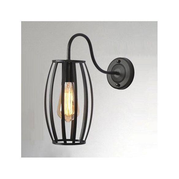 Retro Industrial Oval Cage Wall Light 1 Lámpara de pared metálica de bulbo con brazo de cuello de cisne en negro