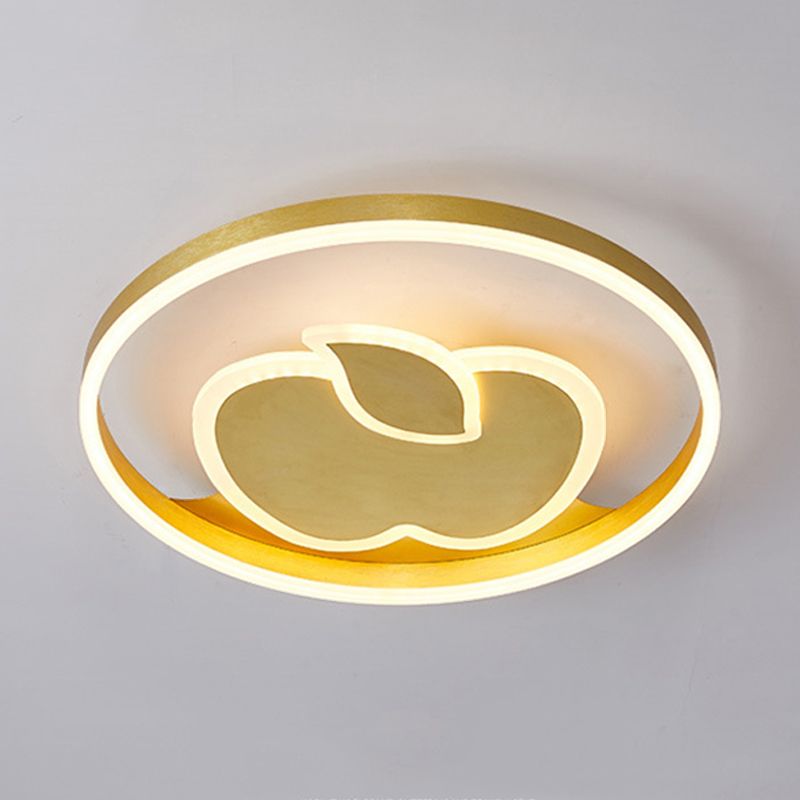 Kids Style Super Thin Flush Ceiling Light Acrylic Bedroom LED Flush-Mount Light Fixture with Fish/Apple Pattern in Gold