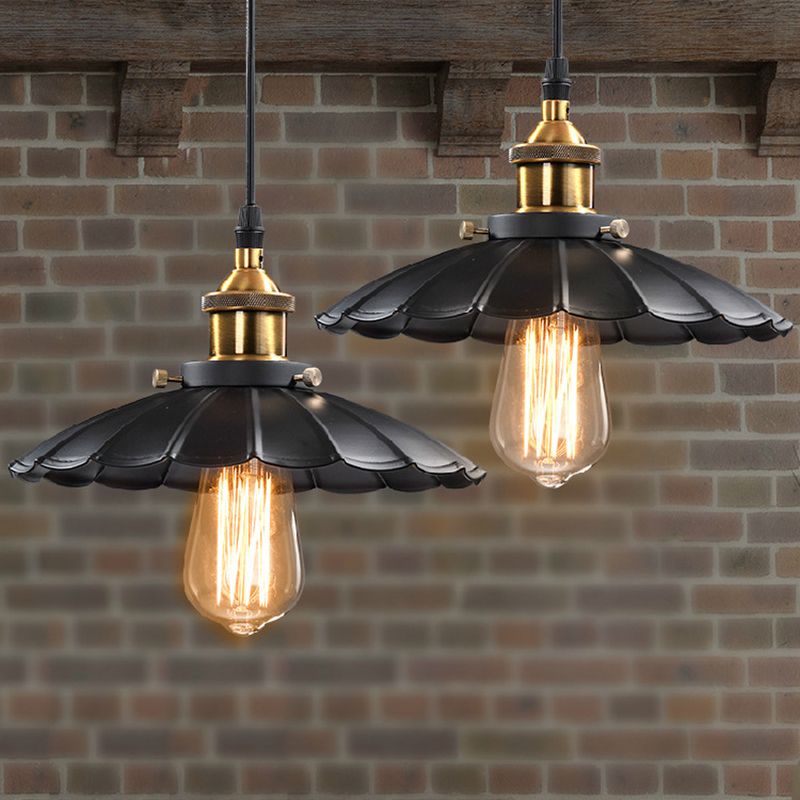 Single-Bulb Metallic Suspension Lighting Retro Style Black Scalloped Cone Restaurant Pendant Ceiling Light