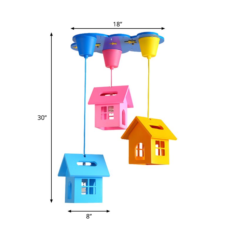 Houselet Playing Room Multi Pendant Wood 3 Bulbs Kids Style Ceiling Suspension Lamp in Blue-Pink-Yellow