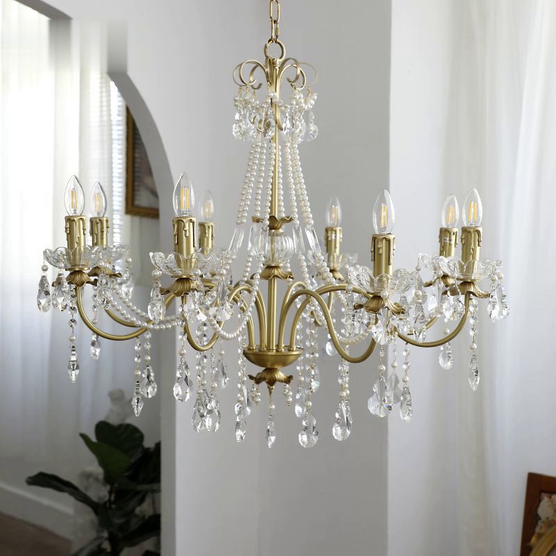 Multi-lights Vintage Candlestick Pendant Light Rustic Style Crystal Drops Large Chandelier for Living Room Dining Room