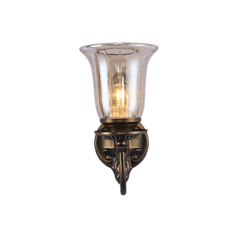 1/2-Light Clear Glass Wall Lamp Antique Bronze Bell Shade Living Room Sconce Light with Arched Arm
