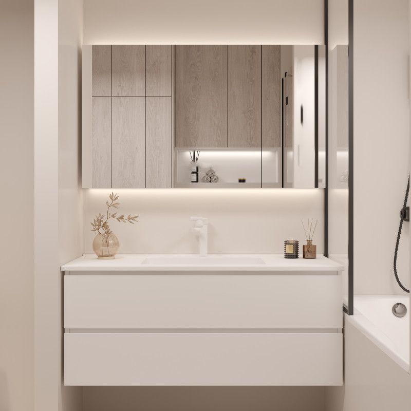 White Bathroom Vanity Wood Rectangle Single Sink Wall Mount 2 Drawers Vanity Set