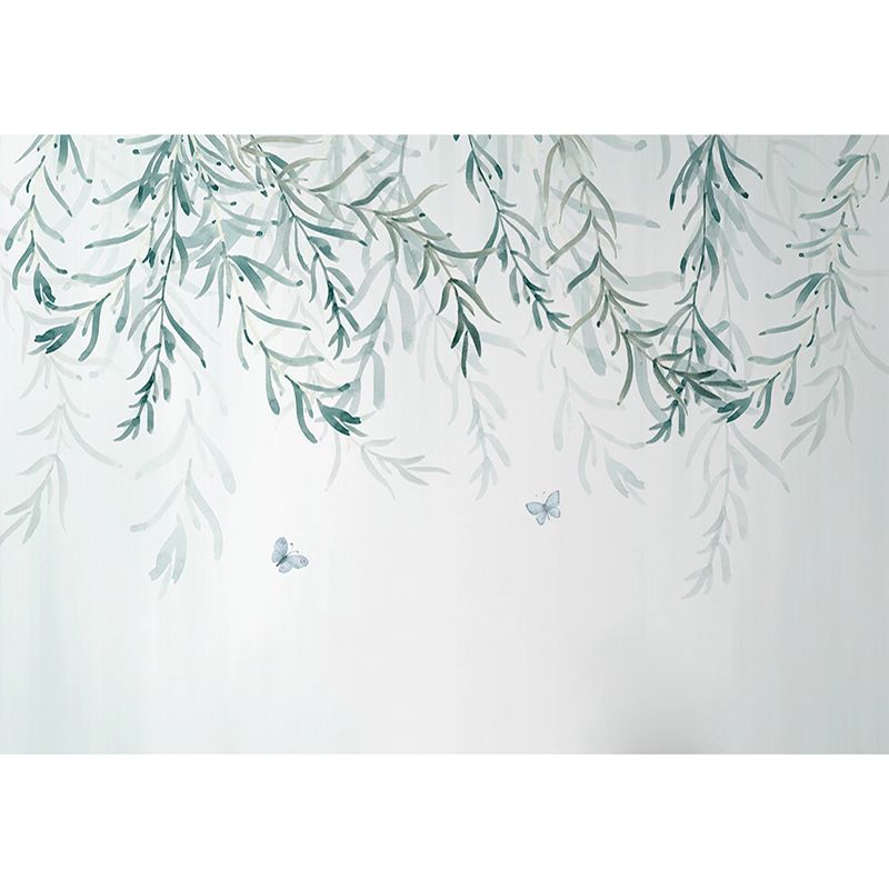 Custom Illustration Nordic Mural Wallpaper for Home Decoration with Willow Tree Design in Green and White